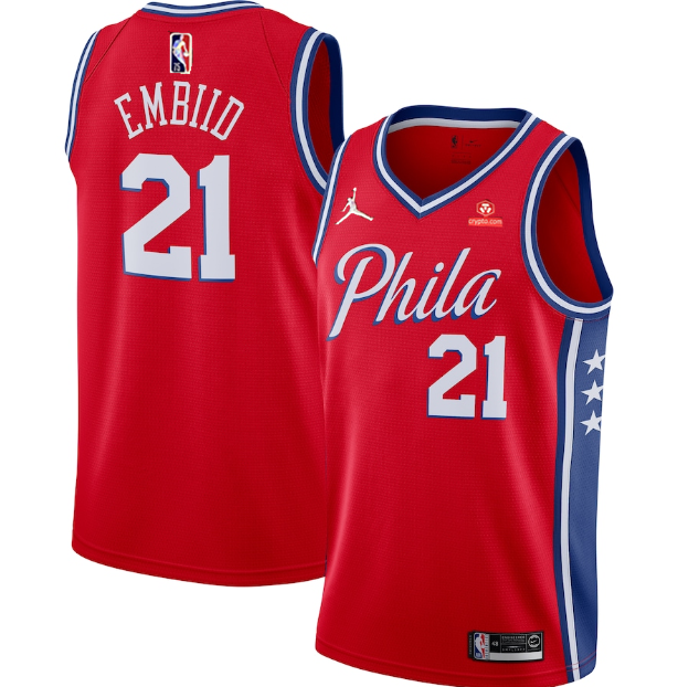 Men's Philadelphia 76ers #21 Joel Embiid Red Statement Edition Stitched Jersey Men's Philadelphia 76ers #21 Joel Embiid Red Statement Edition Stitched Jersey